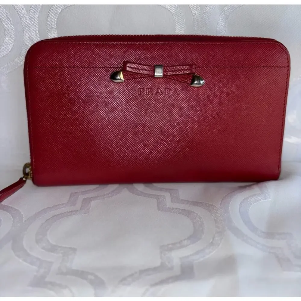 Prada Milano Red Saffiano Leather Bow Zip Around Wallet Quiet Luxury Designer